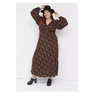 Lane Bryant Black&Orange Floral Long Sleeve Seamed Bodice Maxi Dress Sz.18W